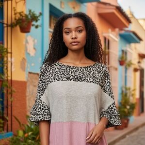 Umgee Leopard Print and Pink Color Block Mini Dress/Blouse Size Small